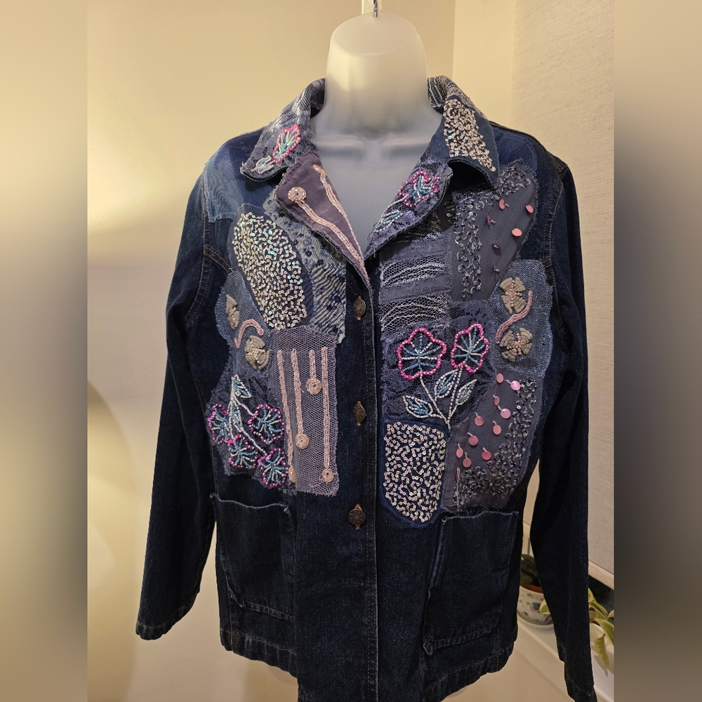 Vintage Embellished Dark Blue Denim Jacket with Pink Floral Patchwork